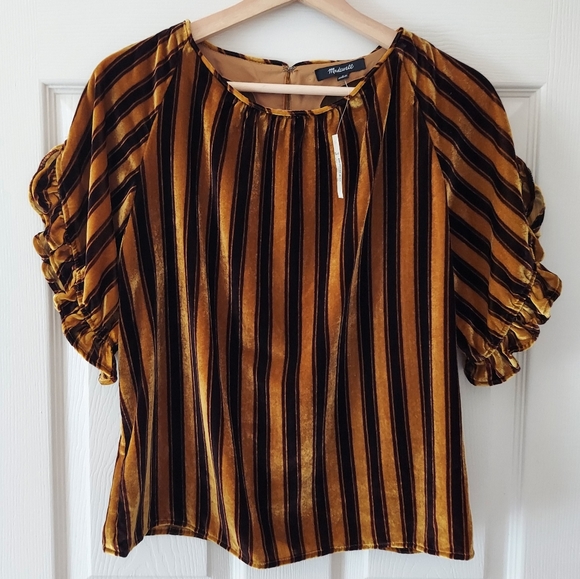 Madewell Tops - NWT Madewell Stripe Velvet Memento Ruffle Sleeve Top Blouse Size Small